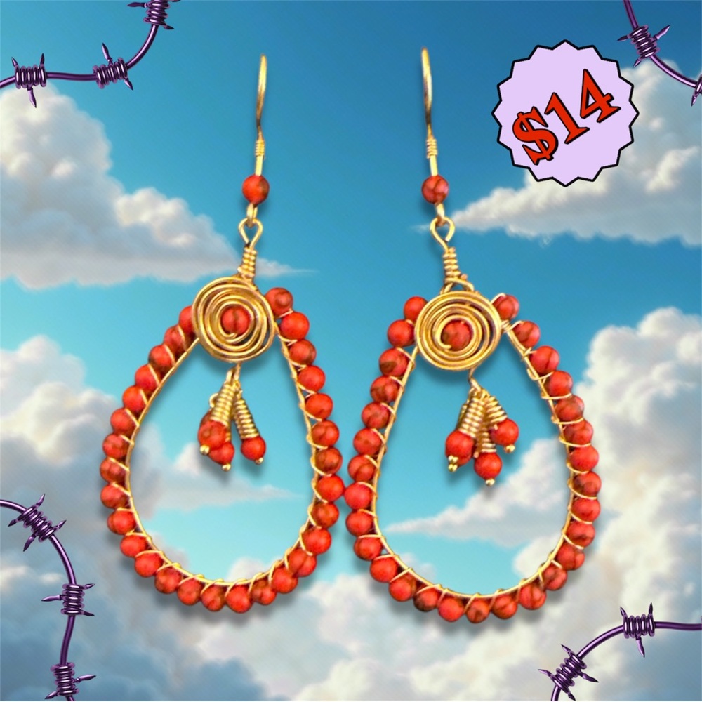 Chic Gold and Red Beaded Hoop Earrings